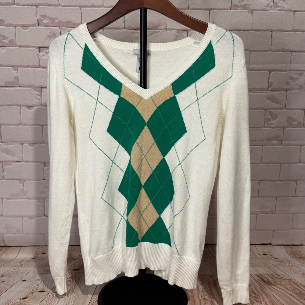 Izod Women's Small V-Neck‎ Golf Argyle Sweater -golf core •country club prep